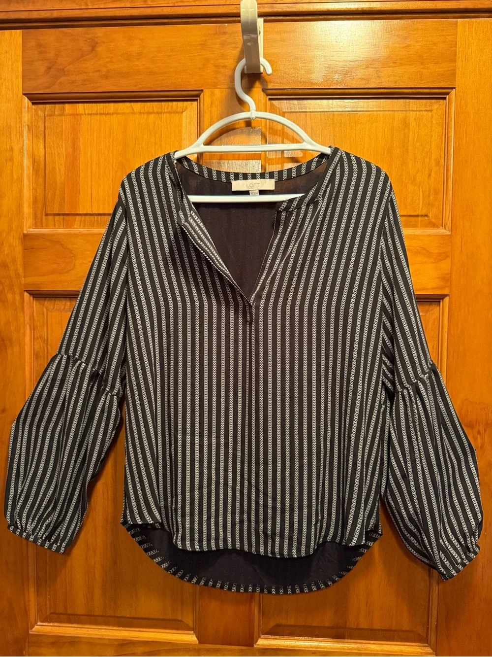 LOFT Black and White Vertical-Stripe V-Neck Balloon-Sleeve Blouse